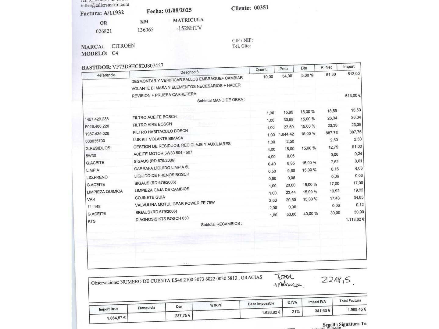 Foto del mantenimiento del Citroën C4 Picasso Citroen C4 Picasso 1.6 e-HDI Seduction (115 CV)