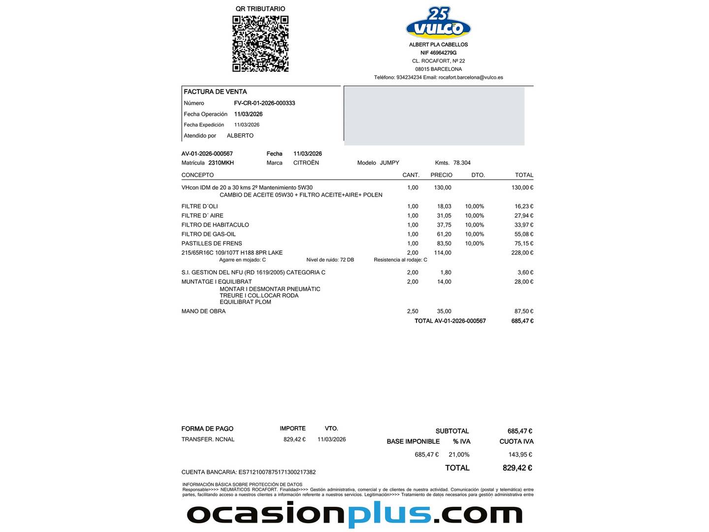 Foto del mantenimiento del Citroën Jumpy Citroën Jumpy Furgon BlueHDi 100 Talla M  (102 CV)