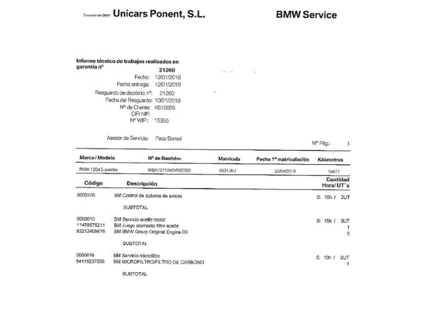 Foto del mantenimiento del BMW Serie 1 BMW Serie 1 120d  (190 CV)