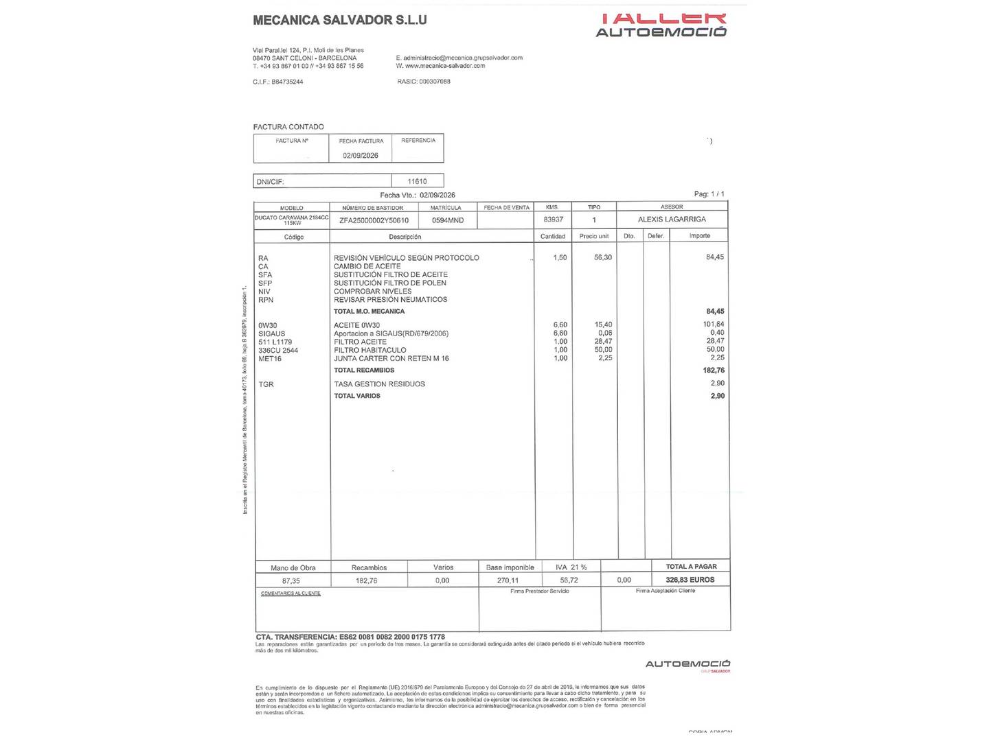 Foto del mantenimiento del Rimor Horus 145 Rimor Horus 145 103kW (140CV) 4 Plazas