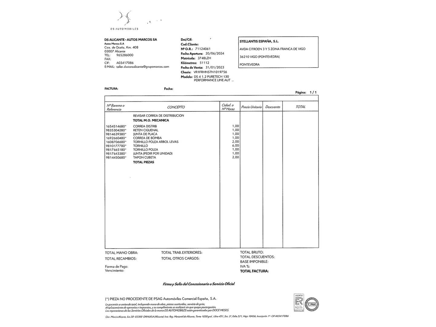 Foto del mantenimiento del DS DS 4 DS DS4 PureTech 130 Performance Line Auto (131 CV)