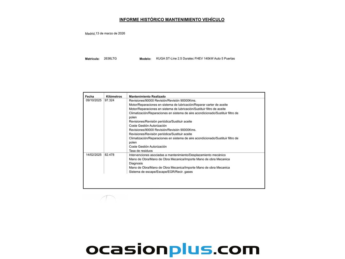 Foto del mantenimiento del Ford Kuga Ford Kuga 2.5 Duratec FHEV ST-Line Auto (190 CV)