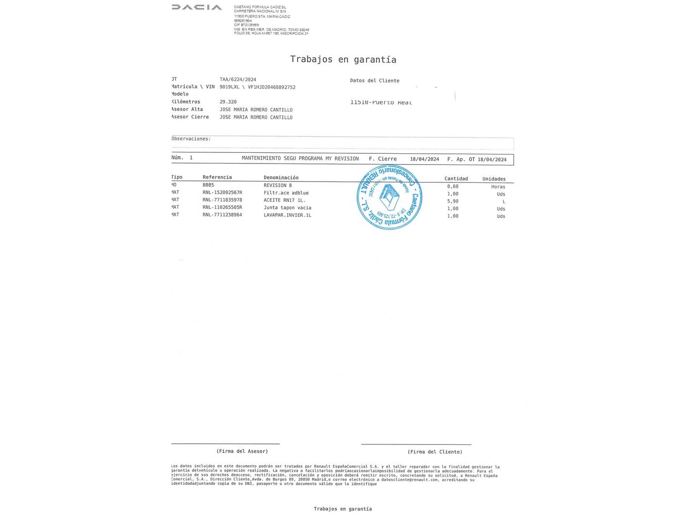 Foto del mantenimiento del Dacia Duster Dacia Duster Prestige Blue dCi (115 CV) 4X2