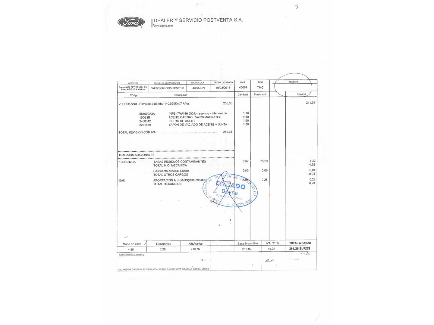 Foto del mantenimiento del Ford Focus Ford Focus 1.0 Ecoboost S&S Trend+ (125 CV)