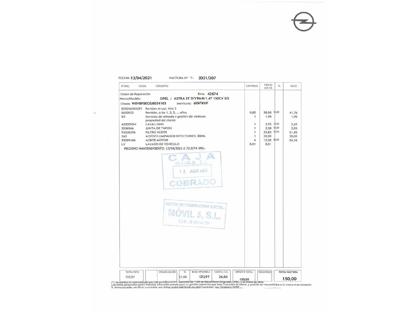 Foto del mantenimiento del Opel Astra Opel Astra 1.4 Turbo S&S Dynamic  (150 CV)