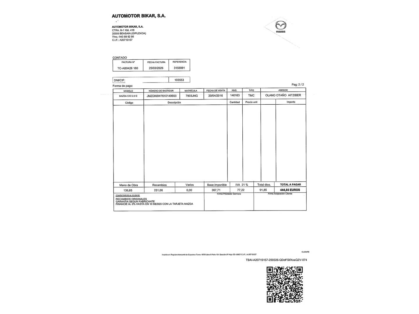 Foto del mantenimiento del Mazda CX-3 Mazda CX-3 2.0 SKYACTIV GE Style+ Nav 2WD (120 CV)