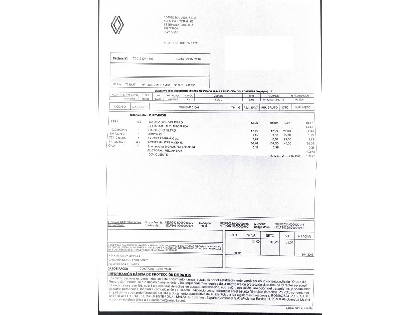Foto del mantenimiento del Renault Clio Renault Clio Evolution TCe (90 CV)