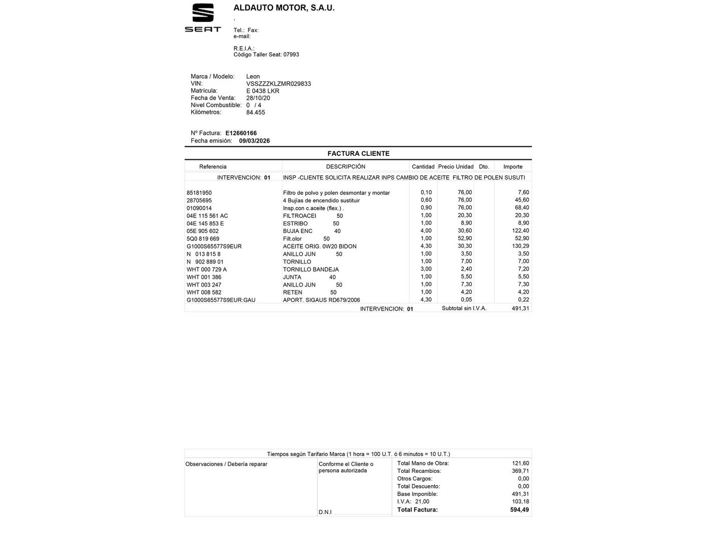 Foto del mantenimiento del Seat León Seat León ST ST 1.5 TSI S&S FR (150 CV)