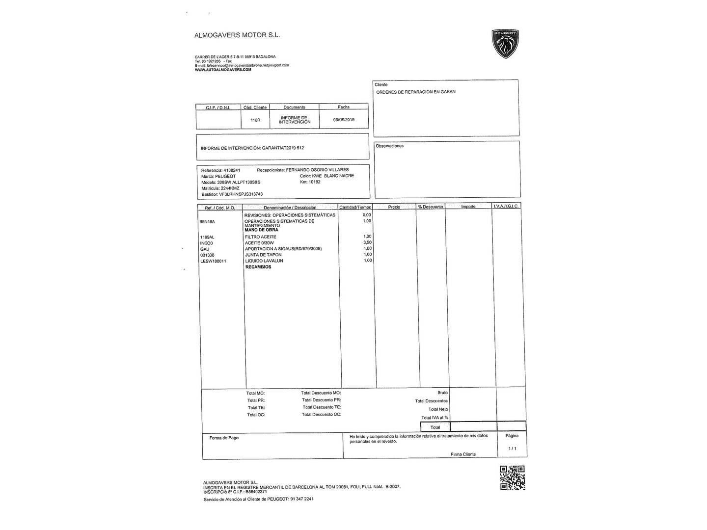Foto del mantenimiento del Peugeot 308 Peugeot 308 SW 1.2 PureTech S&S Allure (130 CV)