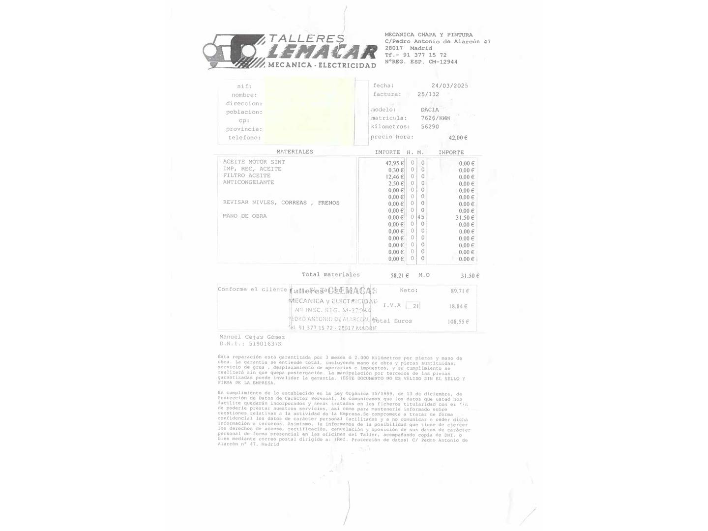Foto del mantenimiento del Dacia Duster Dacia Duster 1.6 GLP Prestige 4X2 (115 CV)