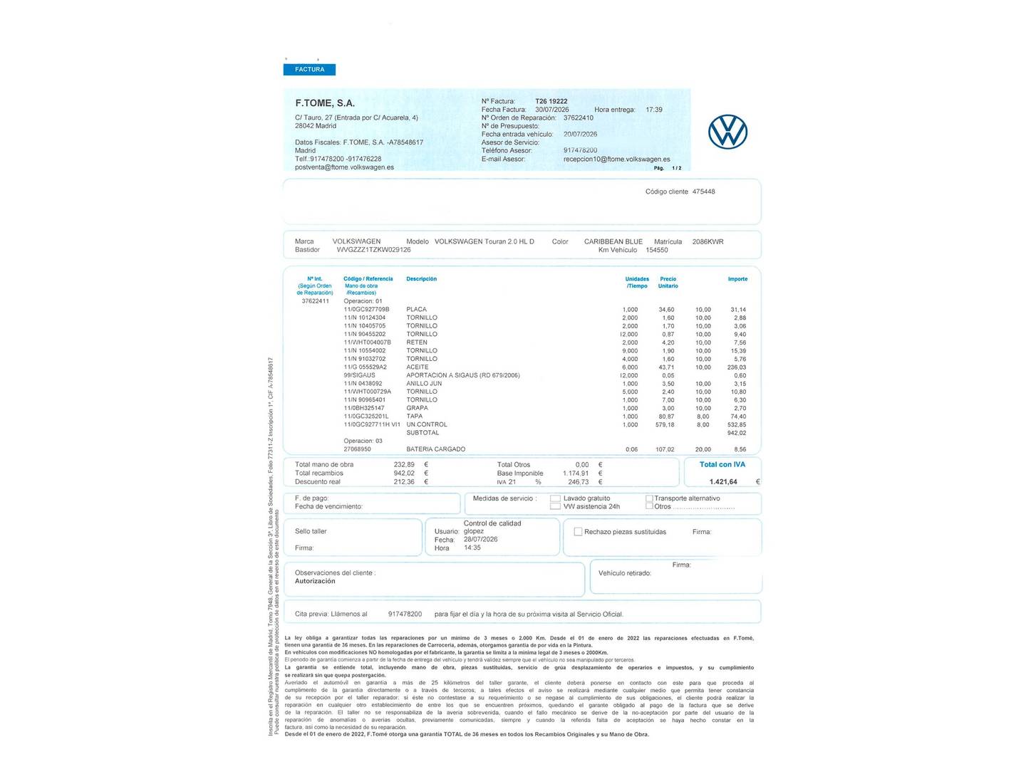 Foto del mantenimiento del Volkswagen Touran Volkswagen Touran Sport 2.0 TDI (150 CV) DSG R-Line