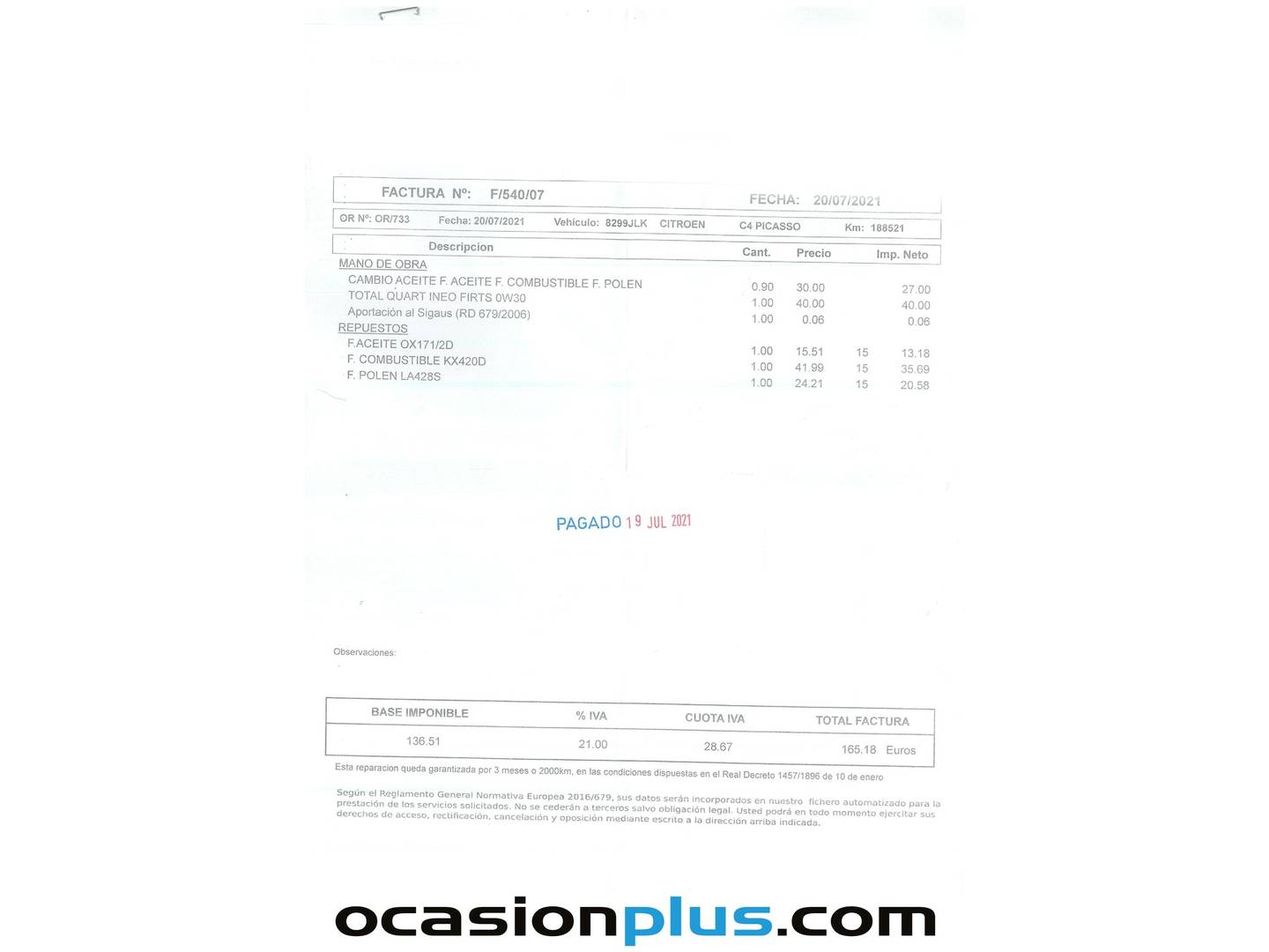 Foto del mantenimiento del Citroën Grand C4 Picasso Citroën Grand C4 Picasso BlueHDi 120 Intensive Plus (120 CV) 7 Plazas