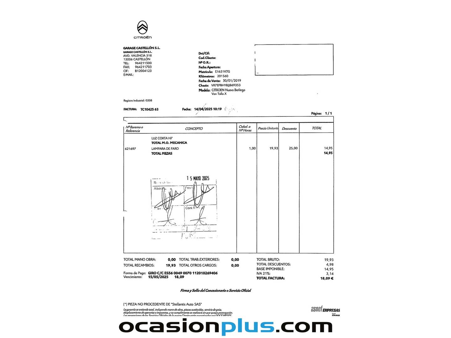 Foto del mantenimiento del Citroën Berlingo Citroën Berlingo BlueHDi 100 Talla XL Club (100 CV)