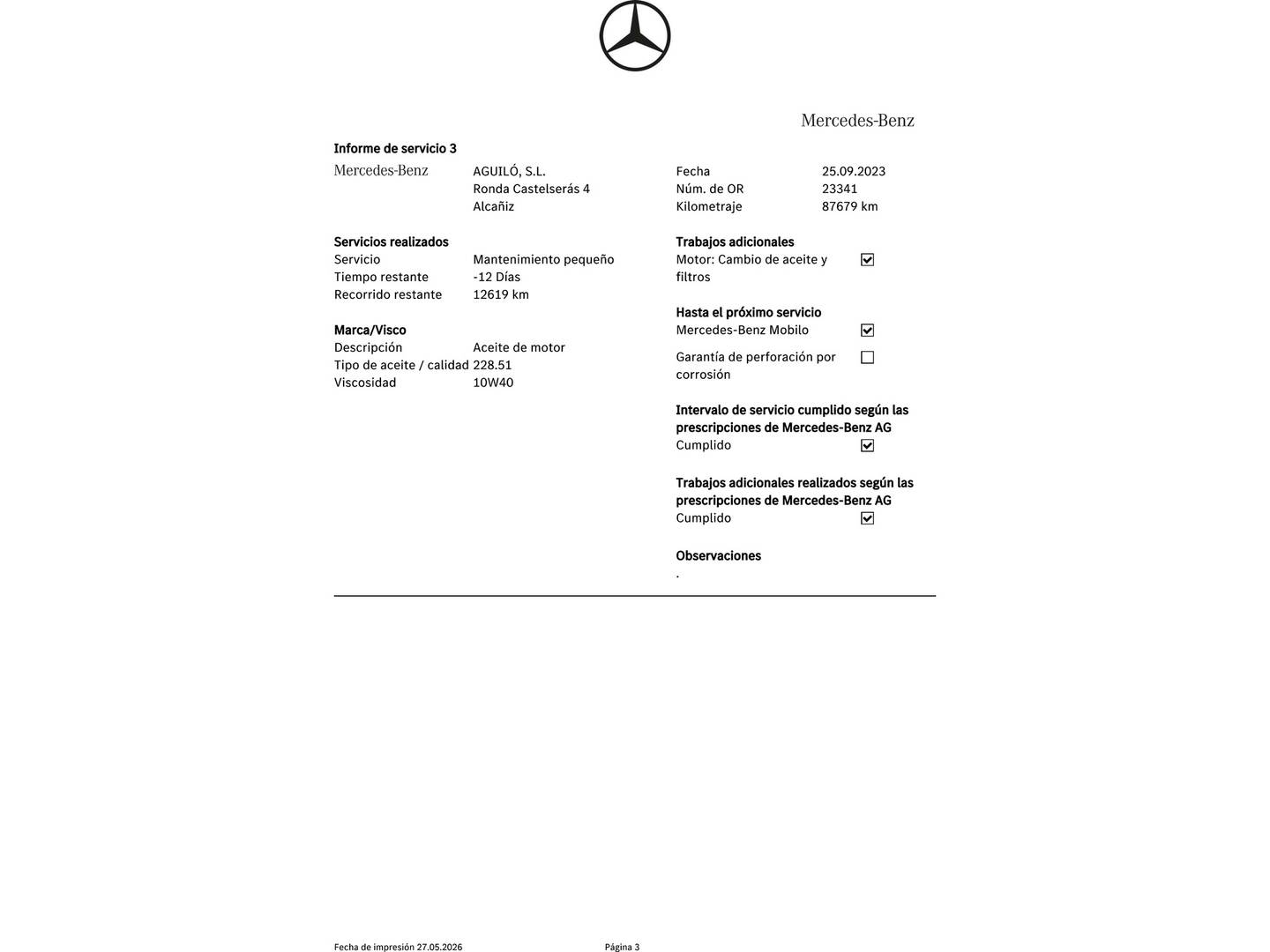 Foto del mantenimiento del Mercedes Clase V Mercedes Clase V 220 d Largo (163 CV) Camper 6 Plazas