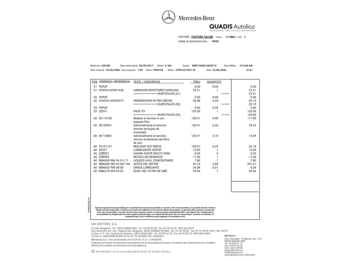 Foto del mantenimiento del Mercedes Clase A Mercedes Clase A 180 (122 CV)