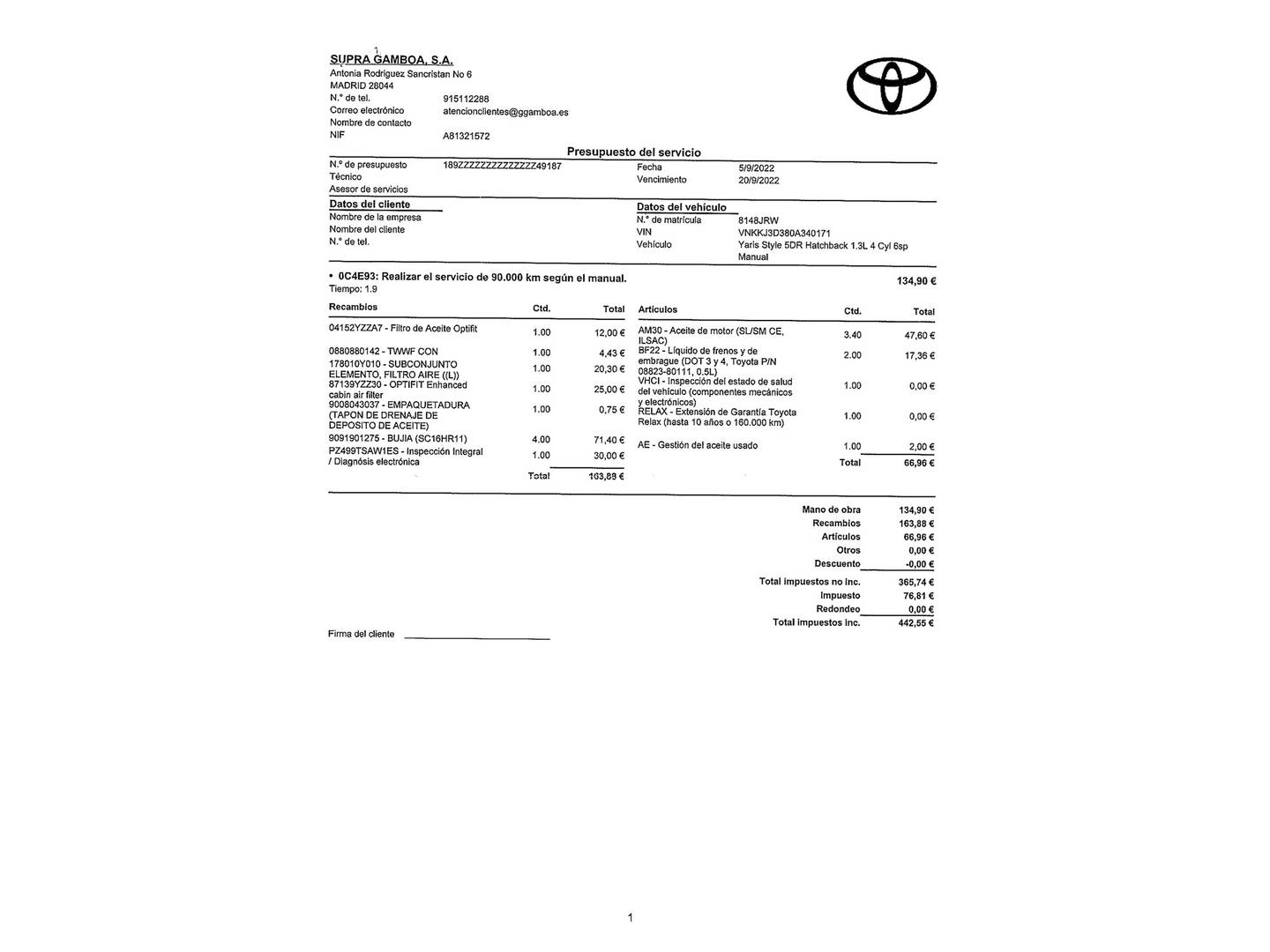 Foto del mantenimiento del Toyota Yaris Toyota Yaris 1.3 100 Feel (99 CV)