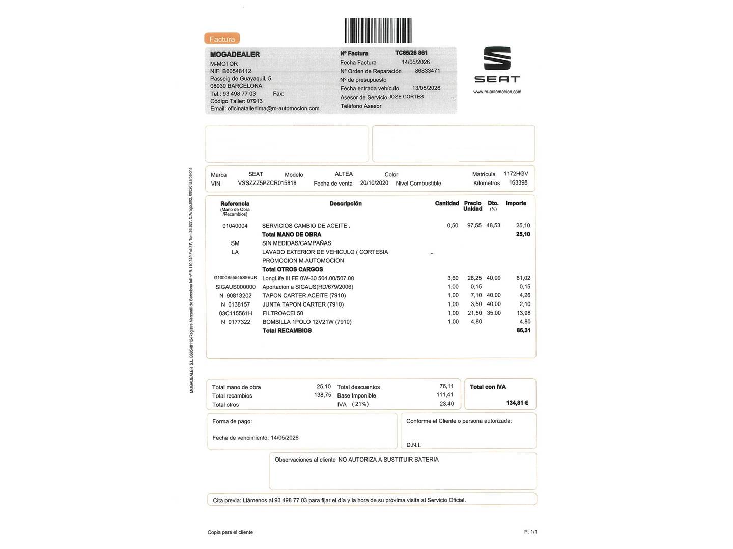 Foto del mantenimiento del Seat Altea XL Seat Altea XL 1.4 TSI Style (125 CV)