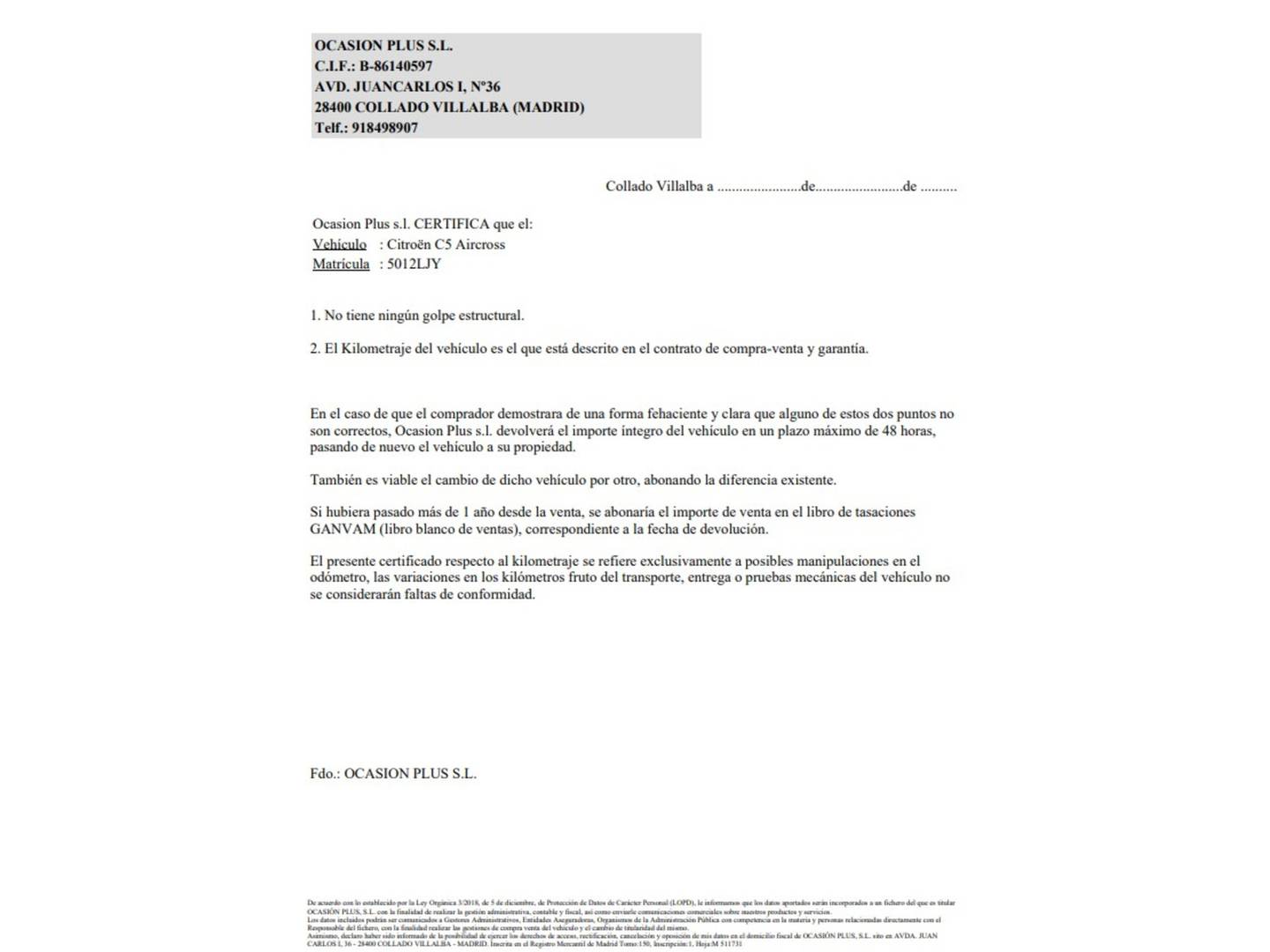 Foto del certificado del Citroën C5 Aircross Citroën C5 Aircross BlueHdi 130 S&S Feel (131 CV)