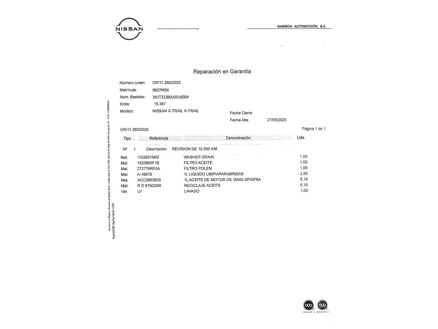 Foto del mantenimiento del Nissan X-TRAIL Nissan X-Trail 1.5 e-4ORCE N-Connecta 4X2 AT (213 CV) 7 PLAZAS