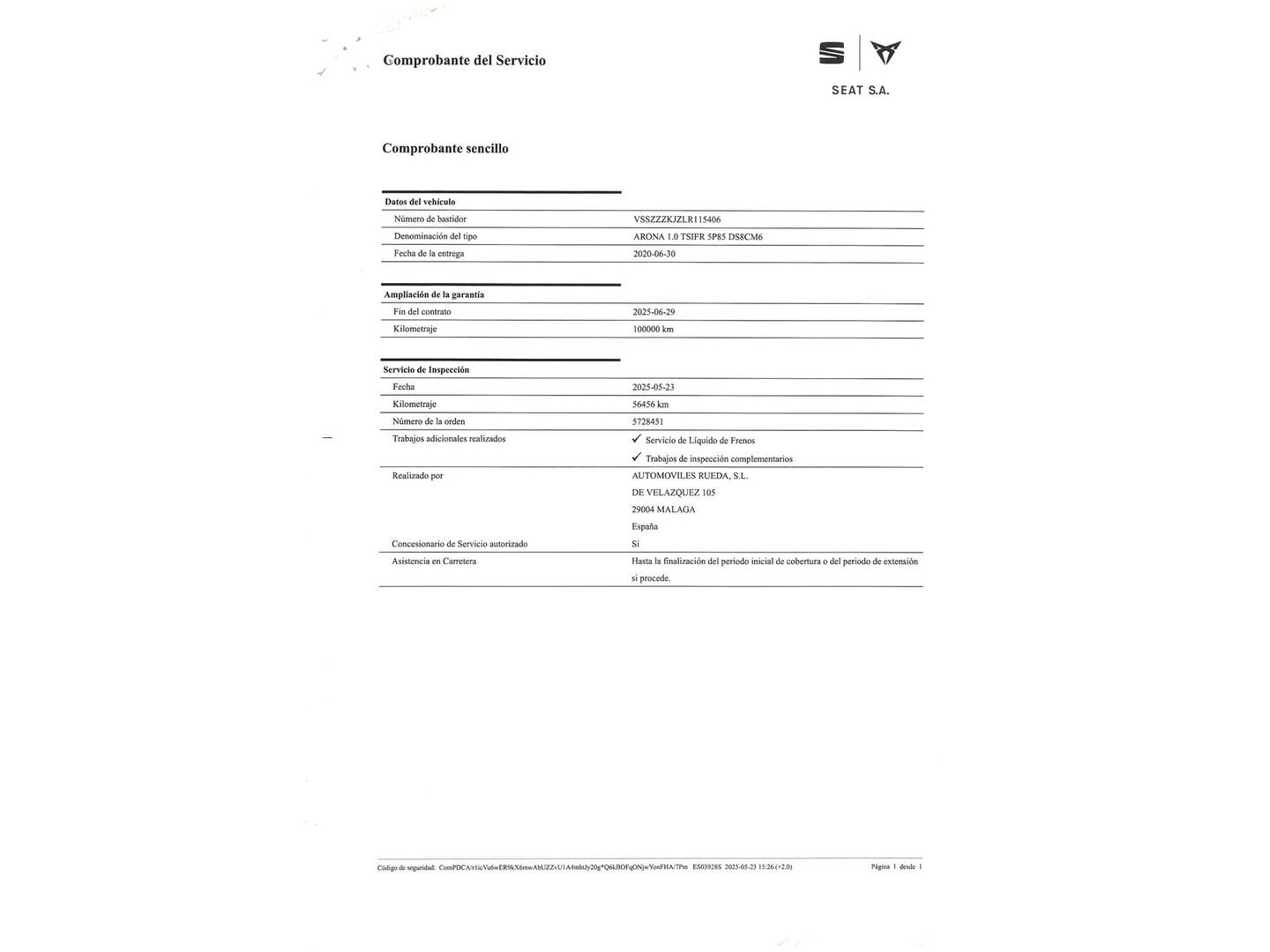 Foto del mantenimiento del Seat Arona Seat Arona 1.0 TSI Ecomotive FR Edition (115 CV)