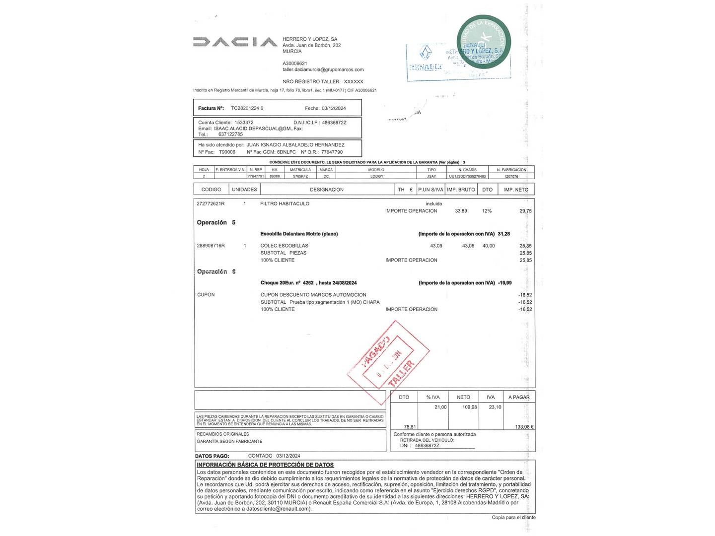 Foto del mantenimiento del Dacia Lodgy Dacia Lodgy Laureate TCe (115 CV)