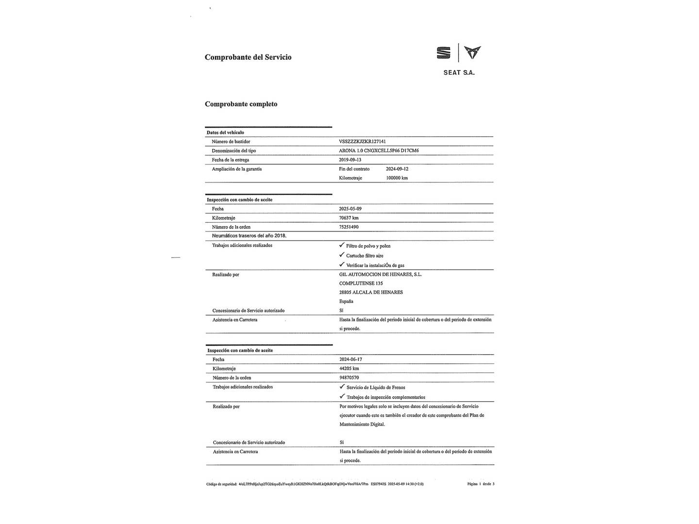 Foto del mantenimiento del Seat Arona Seat Arona 1.0 TGI Xcellence Edition (90 CV)