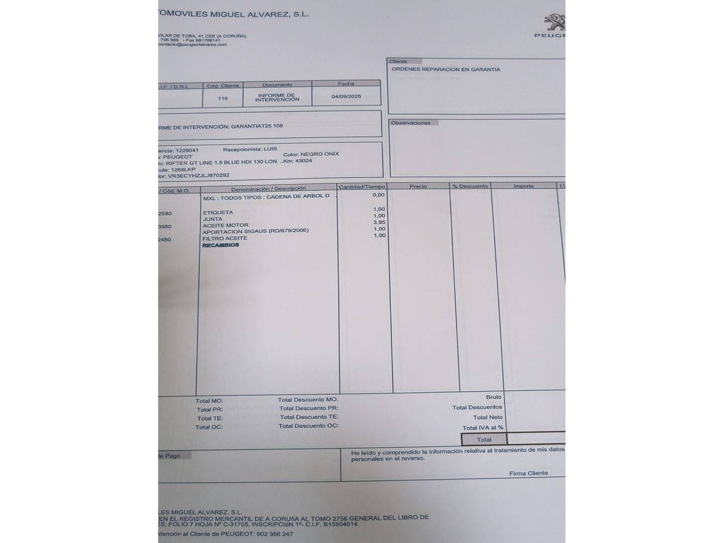 Foto del mantenimiento del Peugeot Rifter Peugeot Rifter GT Line Long BlueHDi (130 CV)