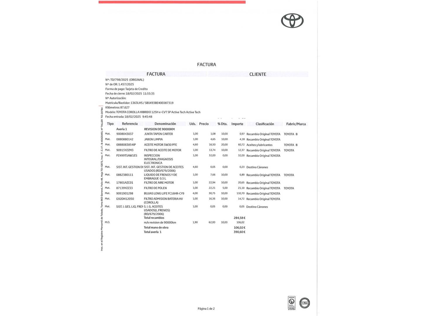 Foto del mantenimiento del Toyota Corolla Toyota Corolla 1.8 125 Híbrido Active Tech E-CVT (122 CV)