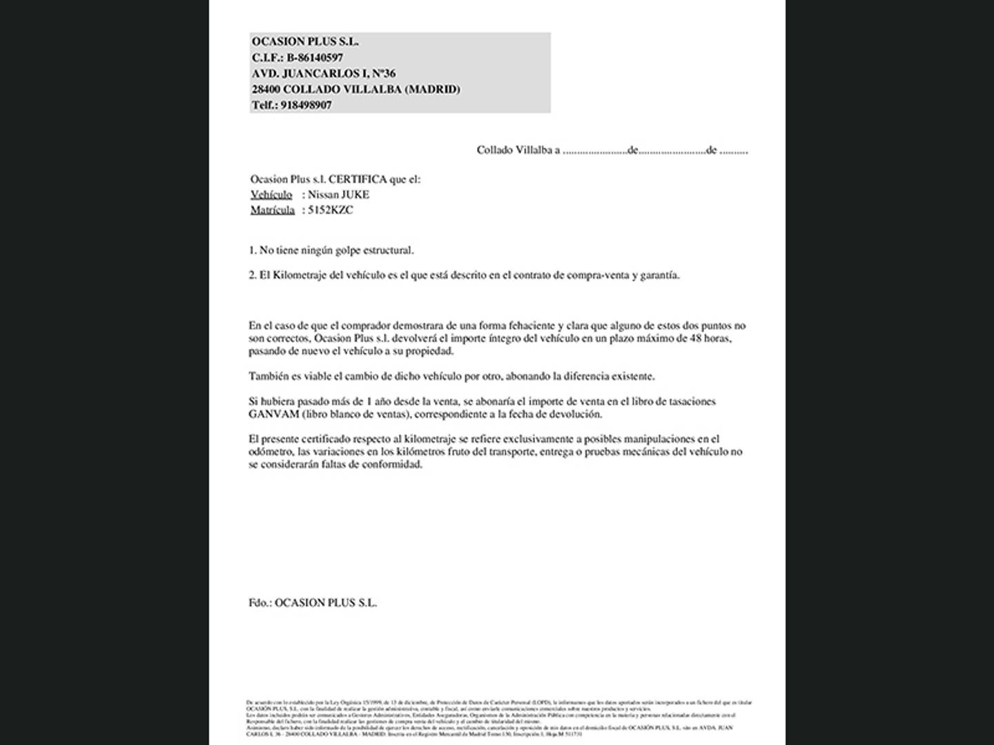 Foto del certificado del Nissan JUKE Nissan Juke G Acenta  (112 CV)