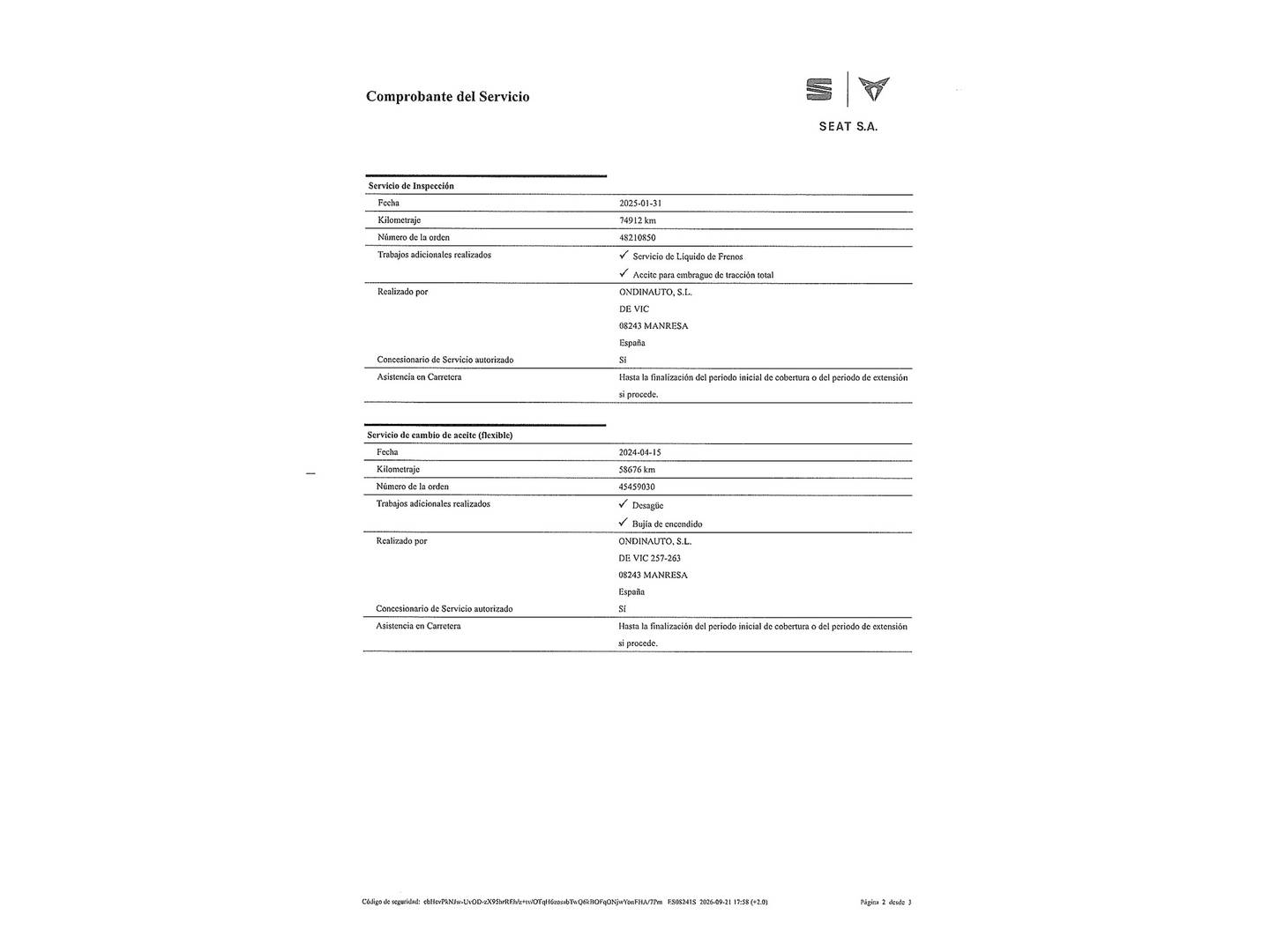 Foto del mantenimiento del Cupra Formentor Cupra Formentor 2.0 TSI 4Drive DSG (190 CV)