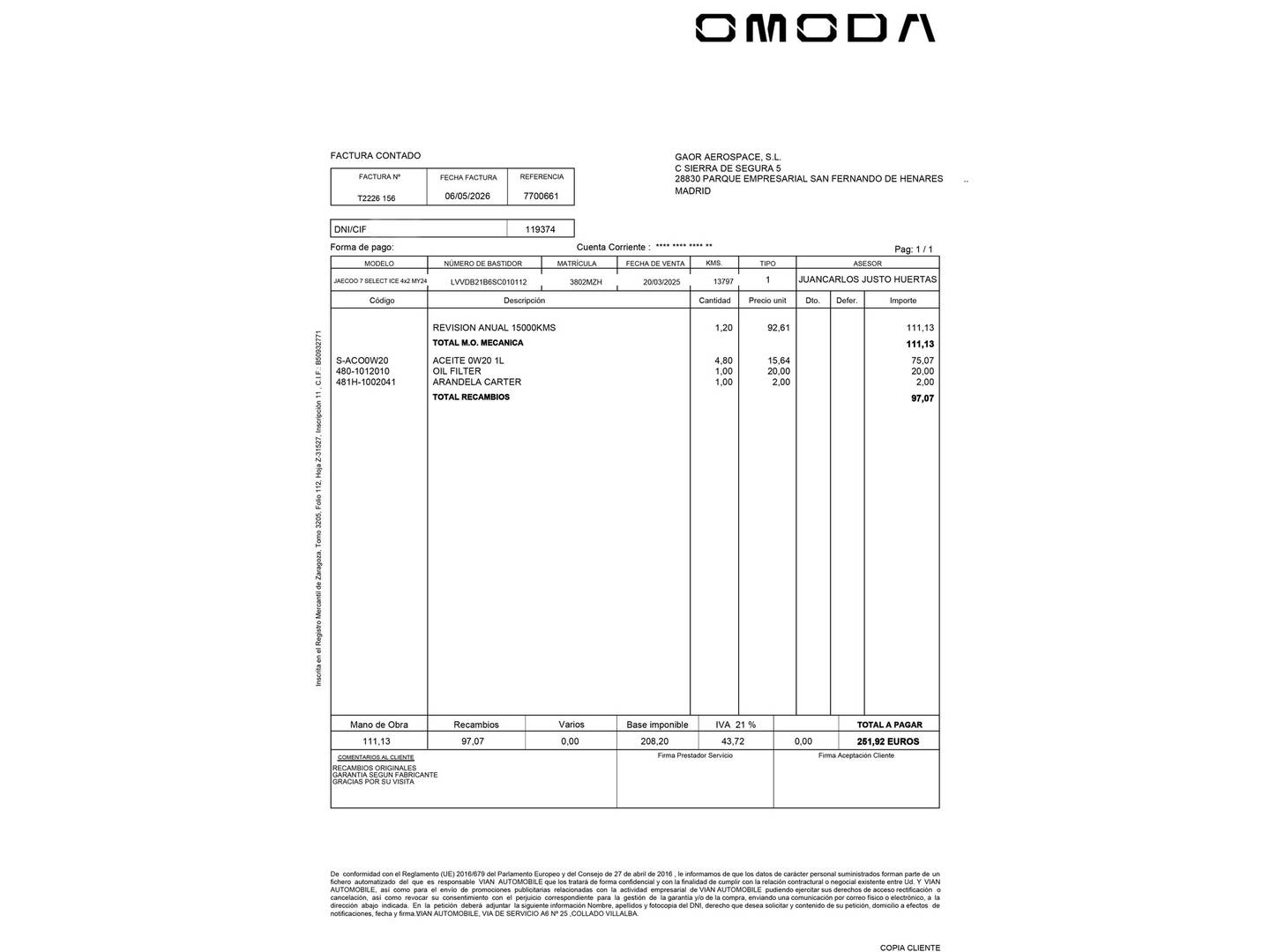 Foto del mantenimiento del JAECOO 7 JAECOO 7 1.6 TGDI Select FWD (145 CV)