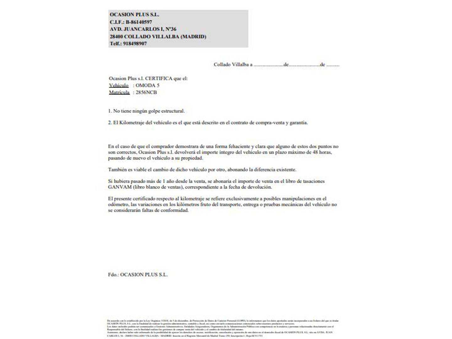 Foto del certificado del OMODA 5 OMODA 5 1.6 TGDI Premium (145 CV)