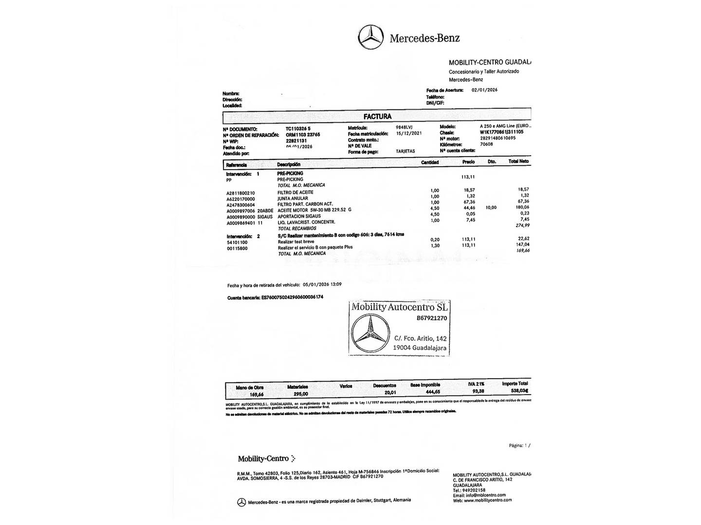 Foto del mantenimiento del Mercedes Clase A Mercedes Clase A 250 e (218 CV) Pack AMG