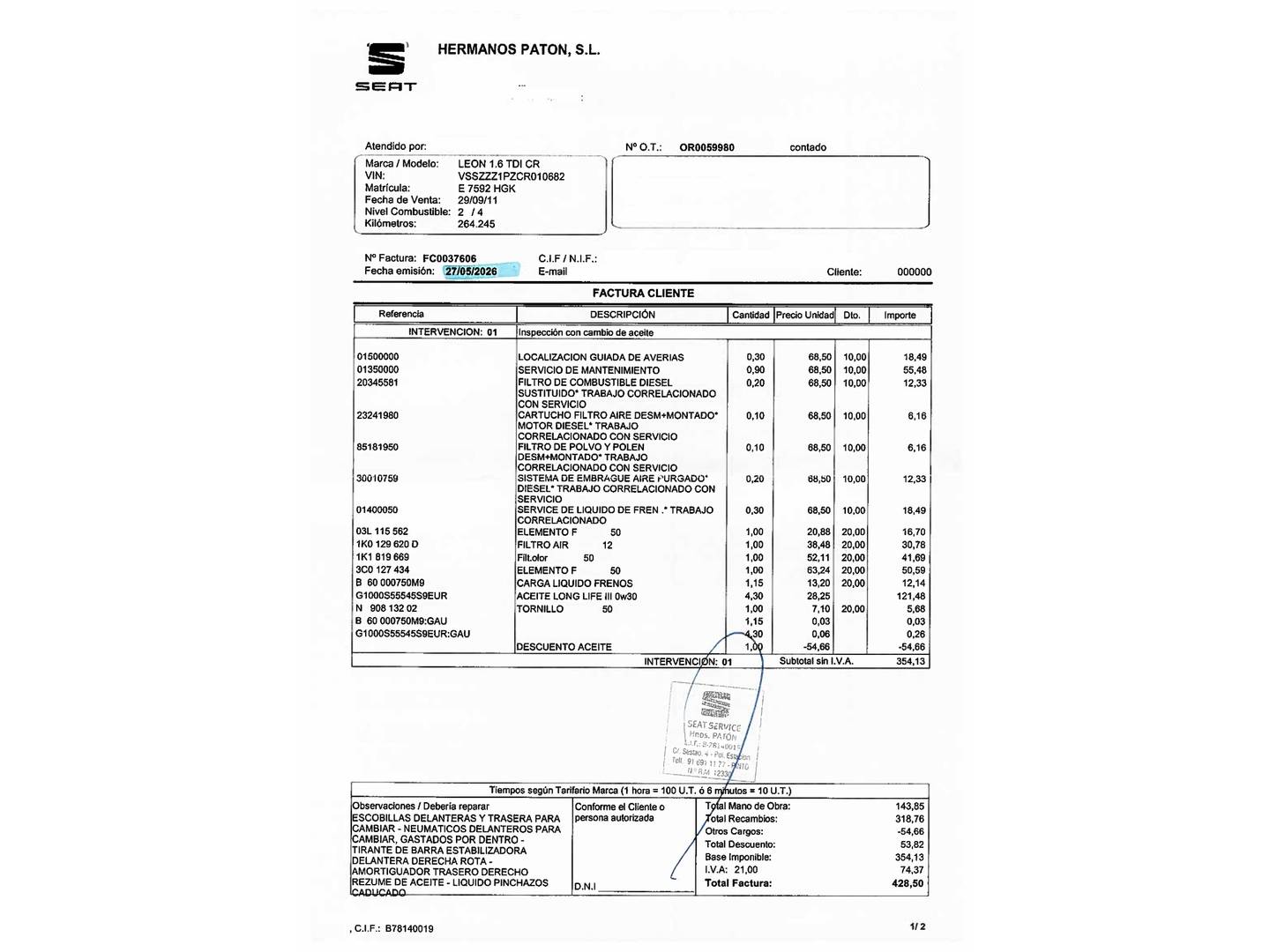Foto del mantenimiento del Seat León Seat León 1.6 TDI Reference Copa (90 CV)