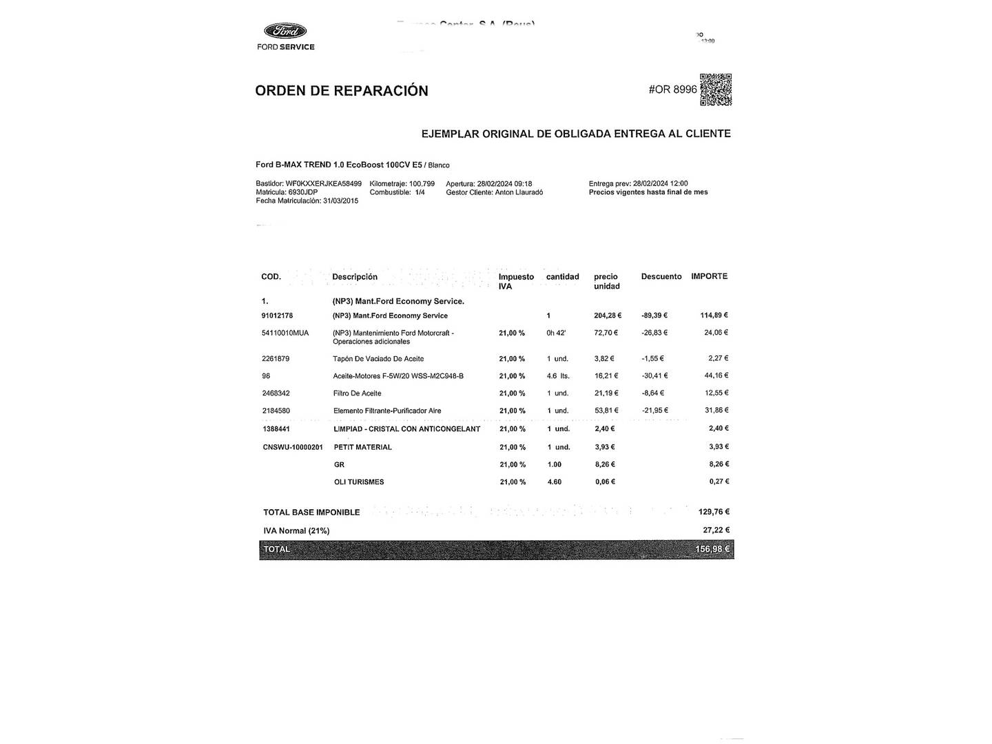 Foto del mantenimiento del Ford B-MAX Ford B-Max 1.0 EcoBoost Trend (100 CV)