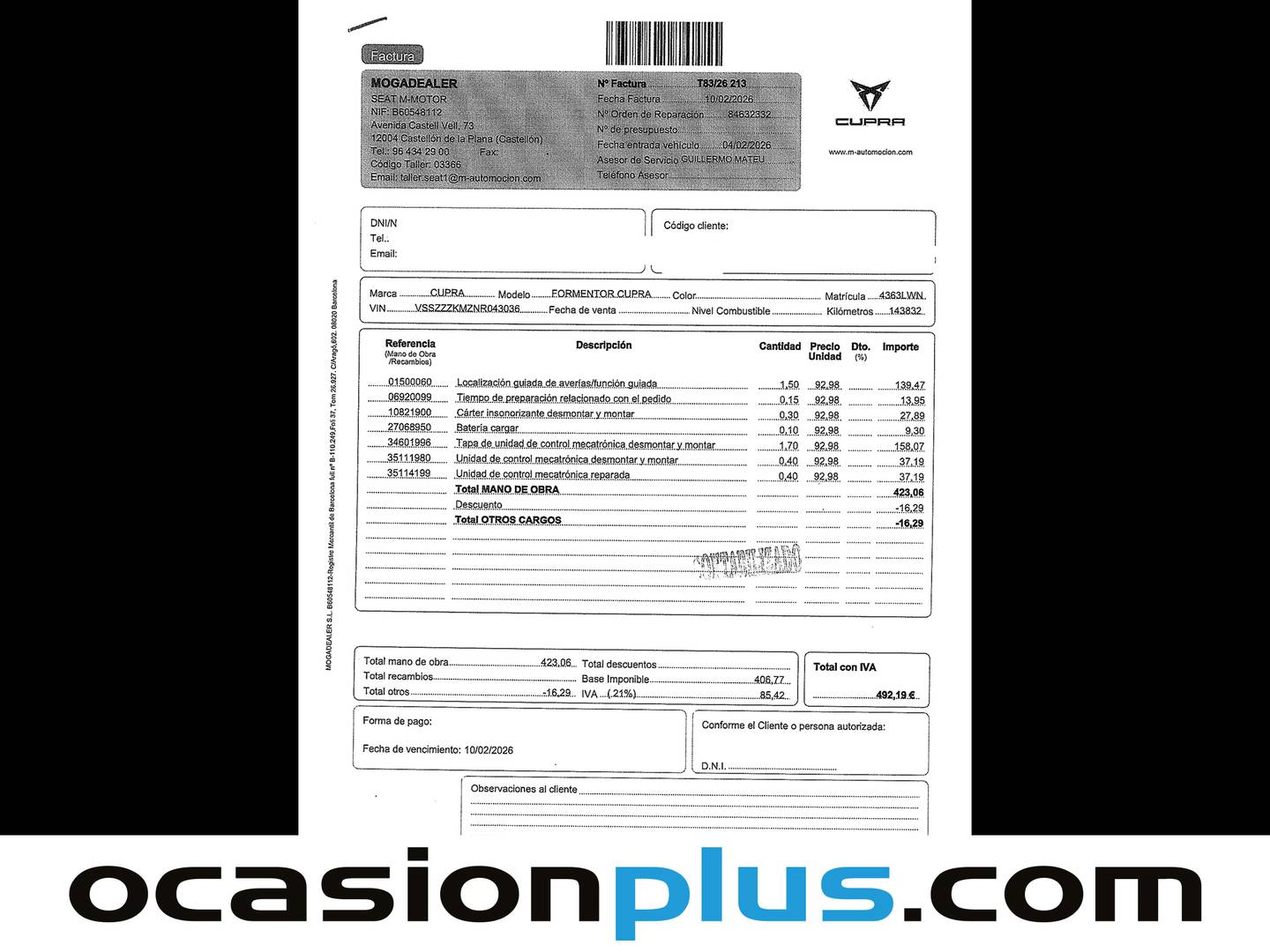 Foto del mantenimiento del Cupra Formentor CUPRA Formentor 2.0 TDI 4Drive DSG  (150 CV)