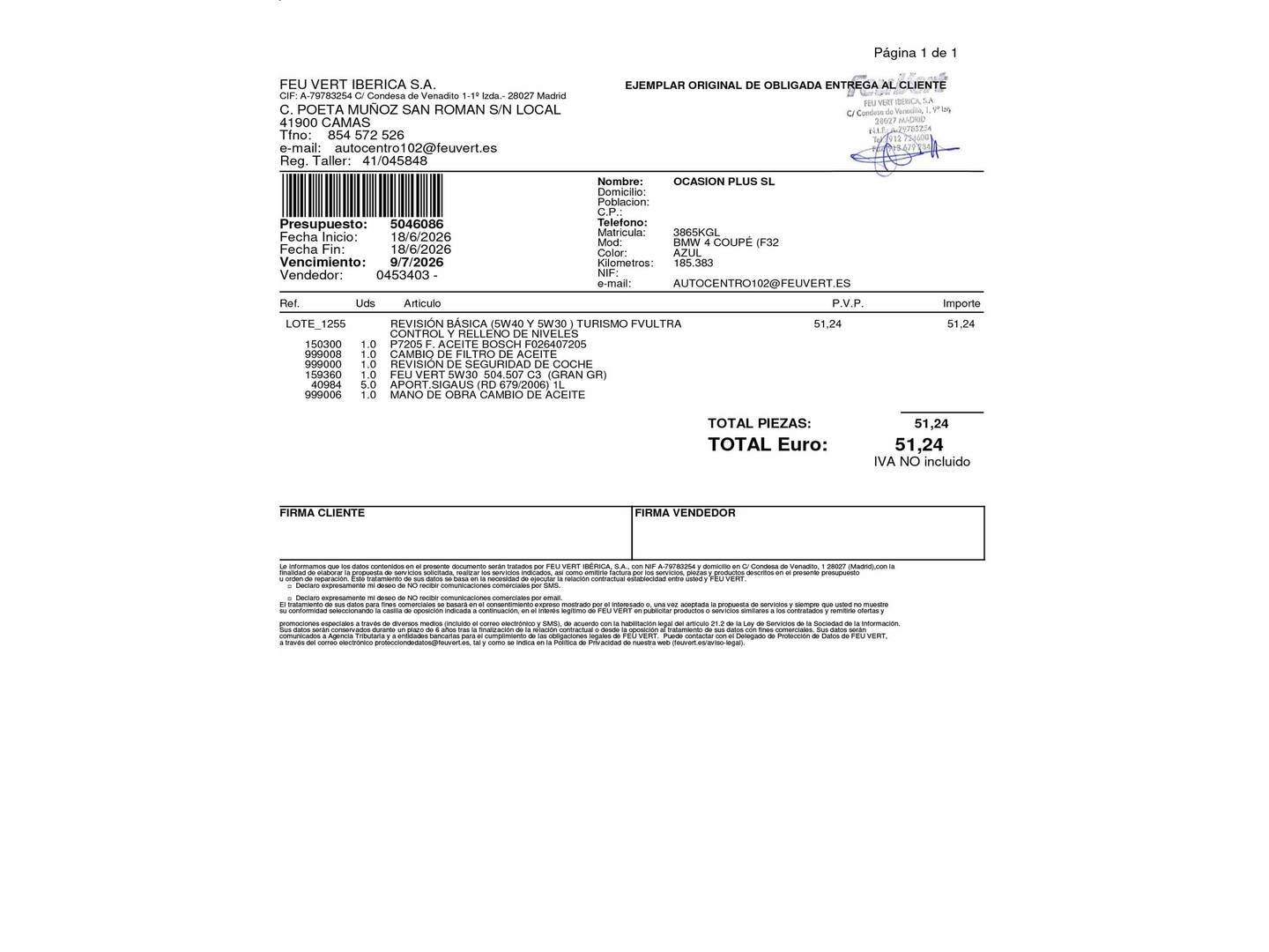 Foto del mantenimiento del BMW Serie 4 BMW Serie 4 420d Coupe (190 CV) Pack M