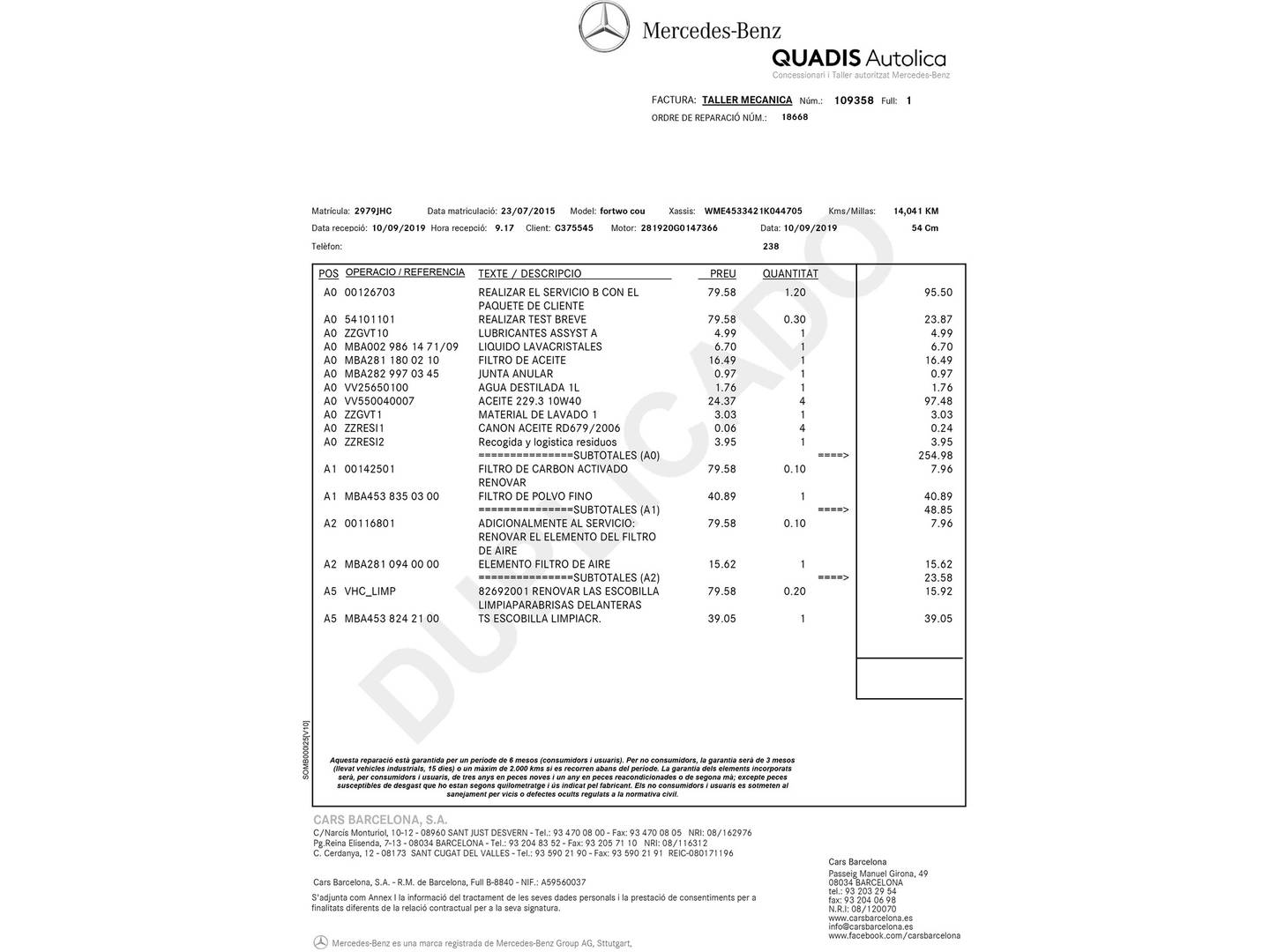 Foto del mantenimiento del Smart fortwo Smart ForTwo Coupe 52 Passion (71 CV)
