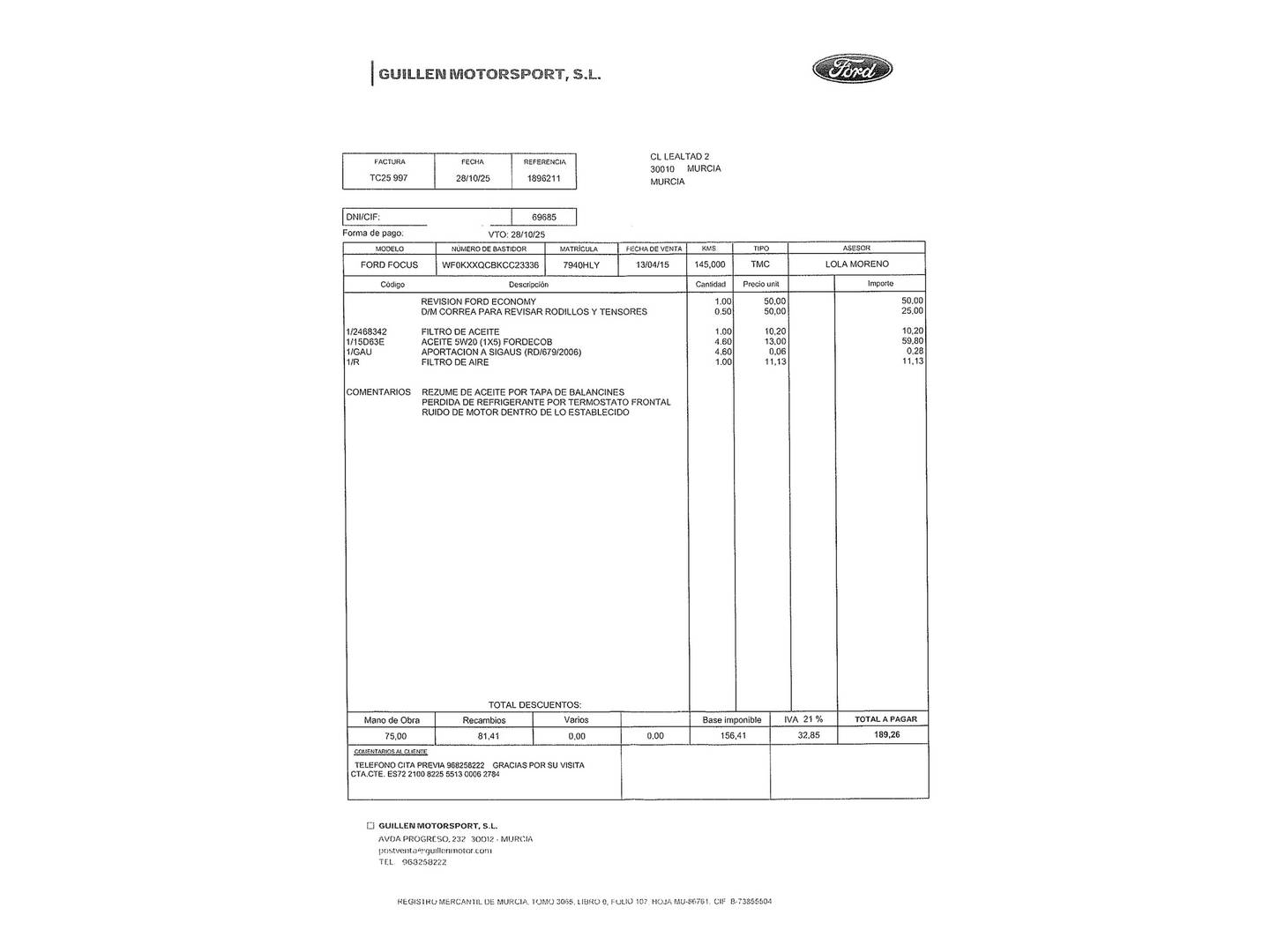 Foto del mantenimiento del Ford Focus Ford Focus Focus 1.0 Ecoboost Trend (125 CV)