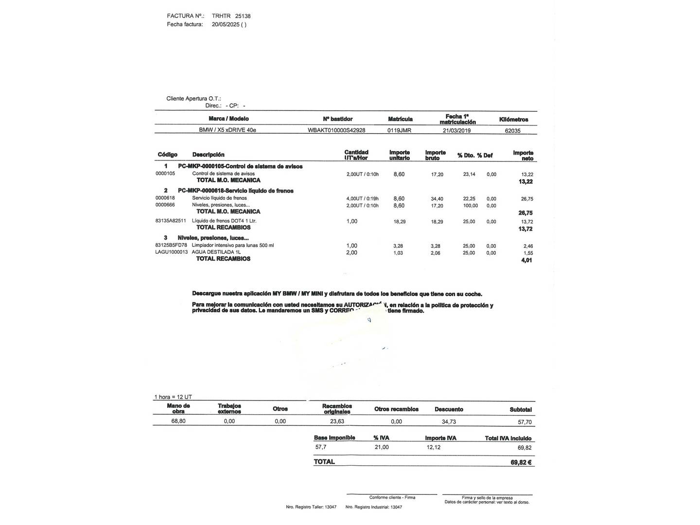 Foto del mantenimiento del BMW X5 BMW X5 xDrive40e (313 CV)