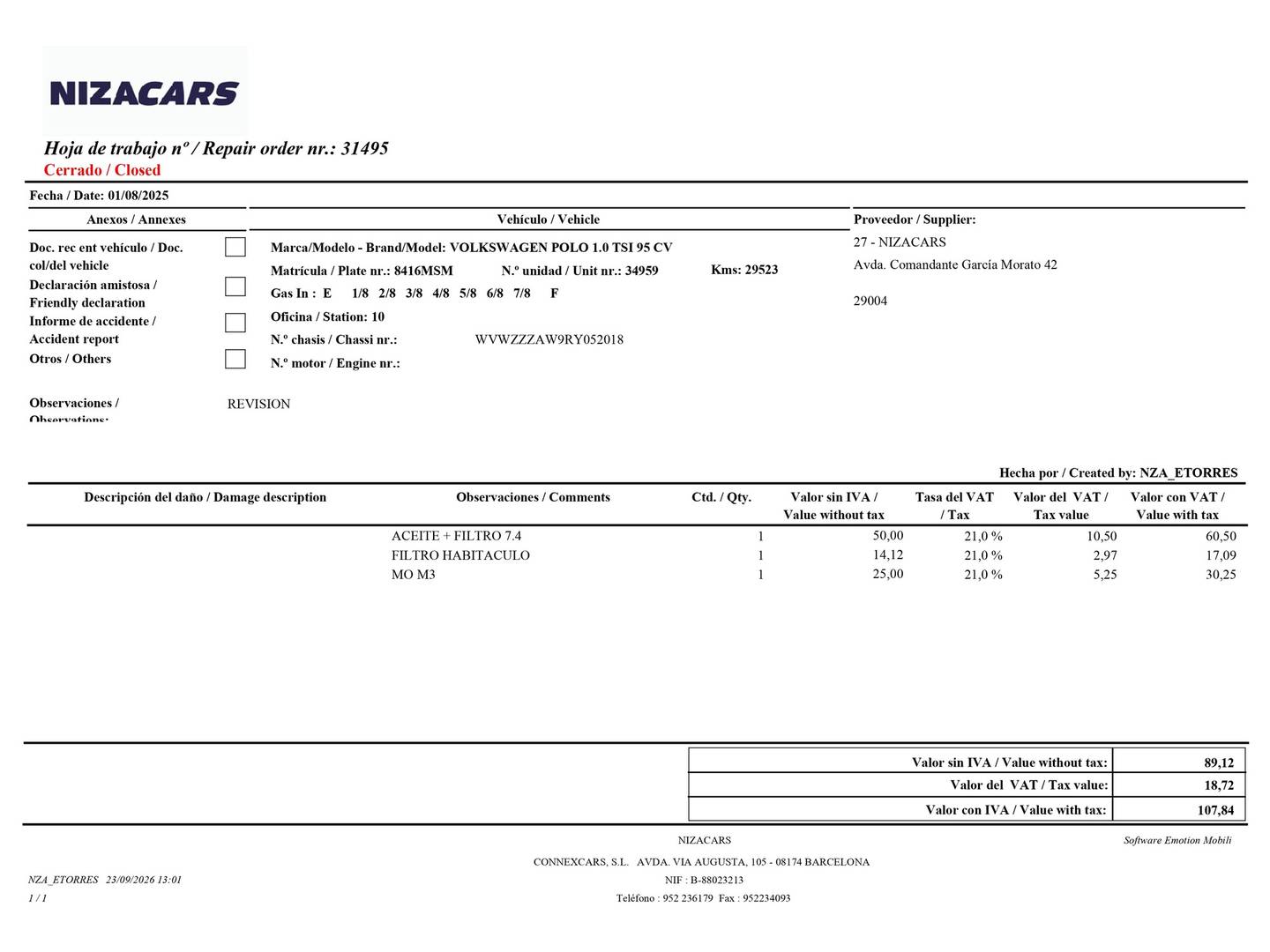 Foto del mantenimiento del Volkswagen Polo Volkswagen Polo Life 1.0 TSI (95 CV) DSG
