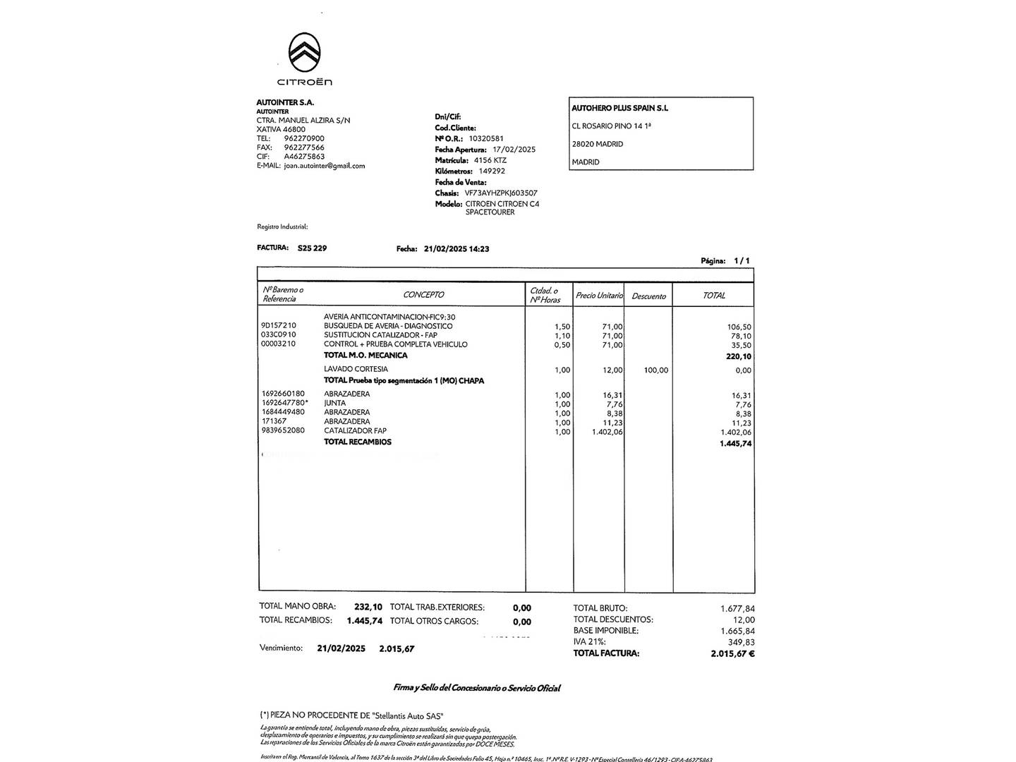 Foto del mantenimiento del Citroën Grand C4 Spacetourer Citroën Grand C4 Spacetourer BlueHDi 130 S&S Feel (130 CV) 7 PLAZAS