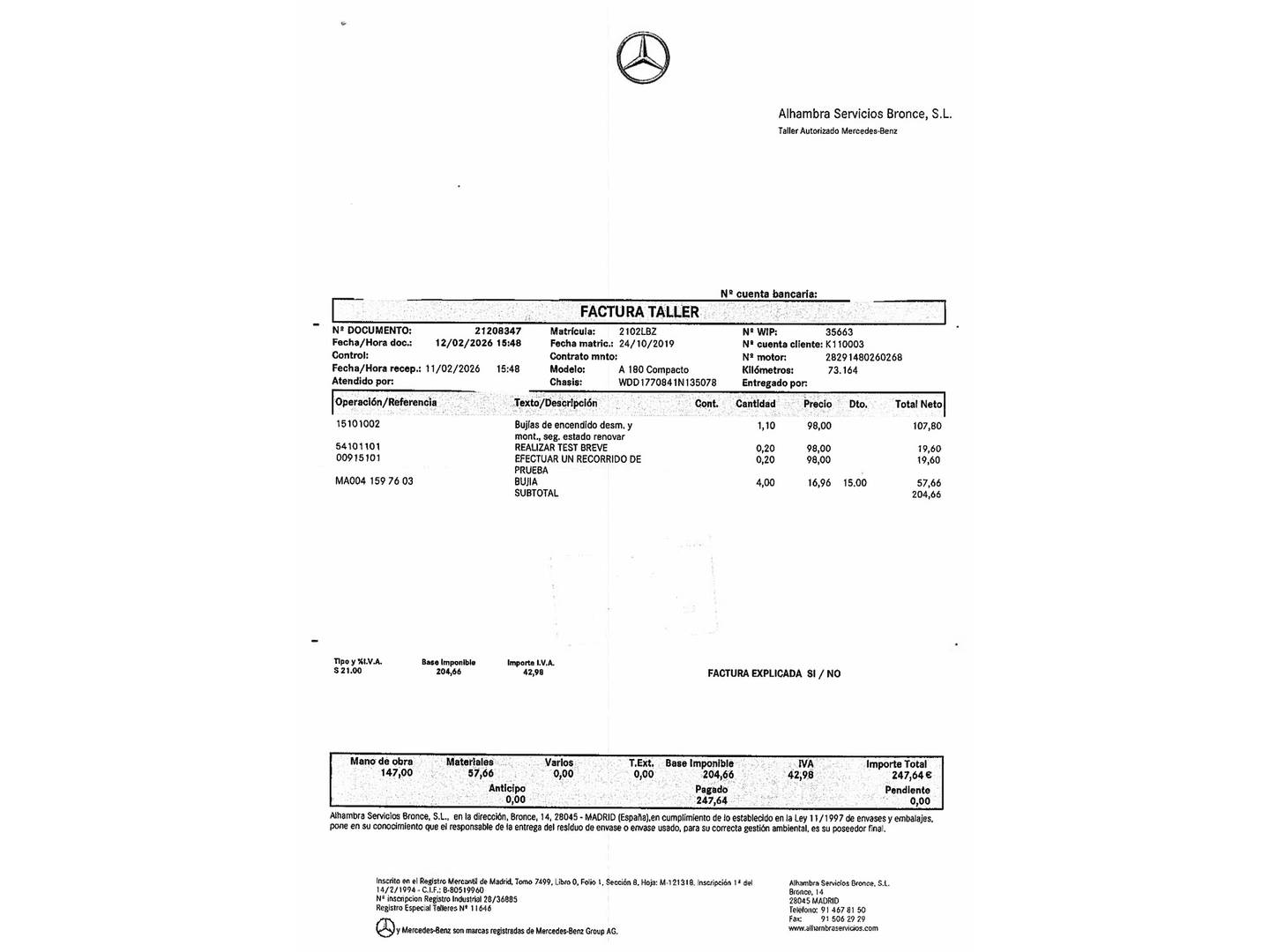 Foto del mantenimiento del Mercedes Clase A Mercedes Clase A 180 (136 CV) Pack AMG