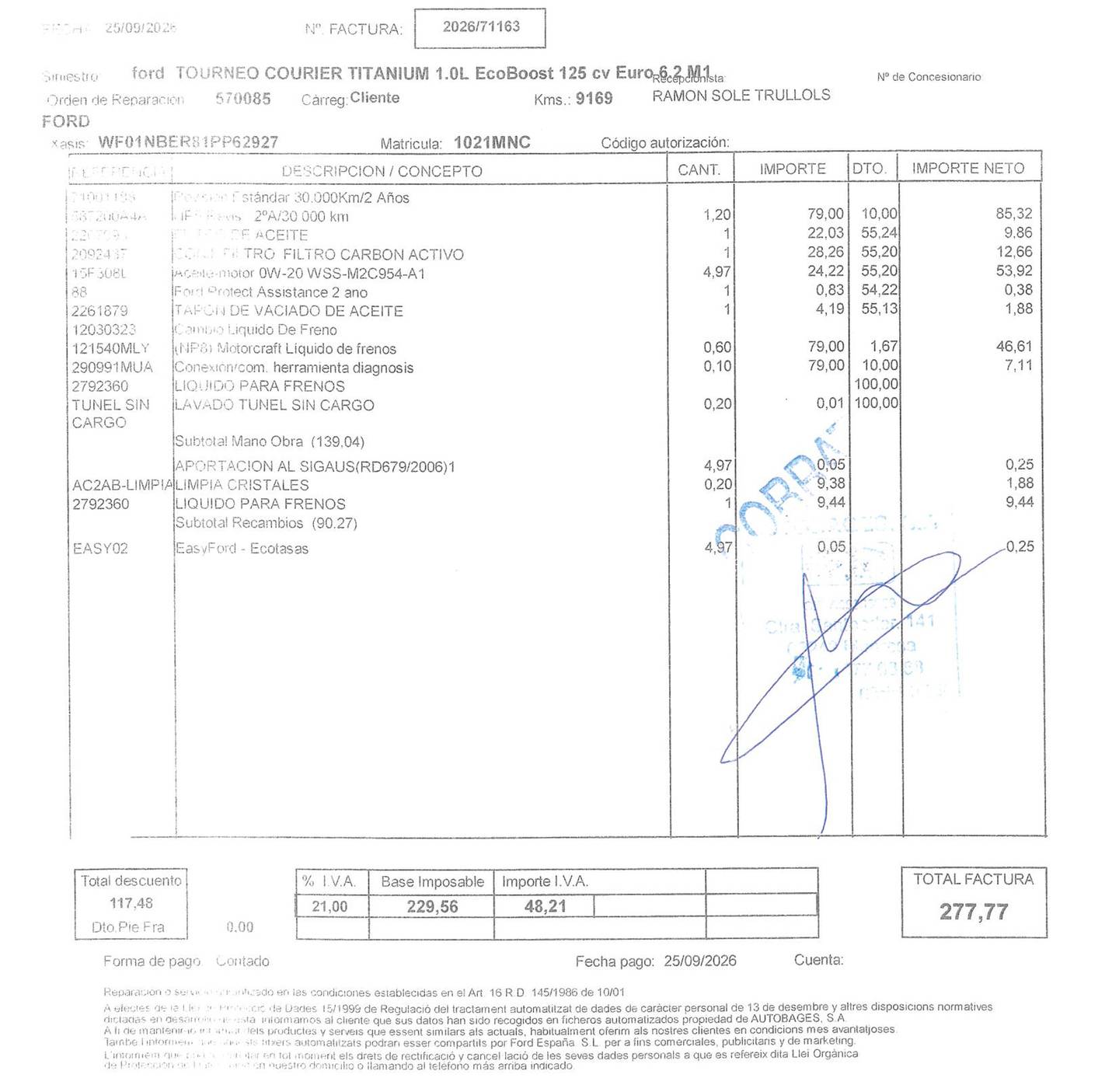 Foto del mantenimiento del Ford Tourneo Courier Ford Tourneo Courier 1.0 EcoBoost Titanium (125 CV)