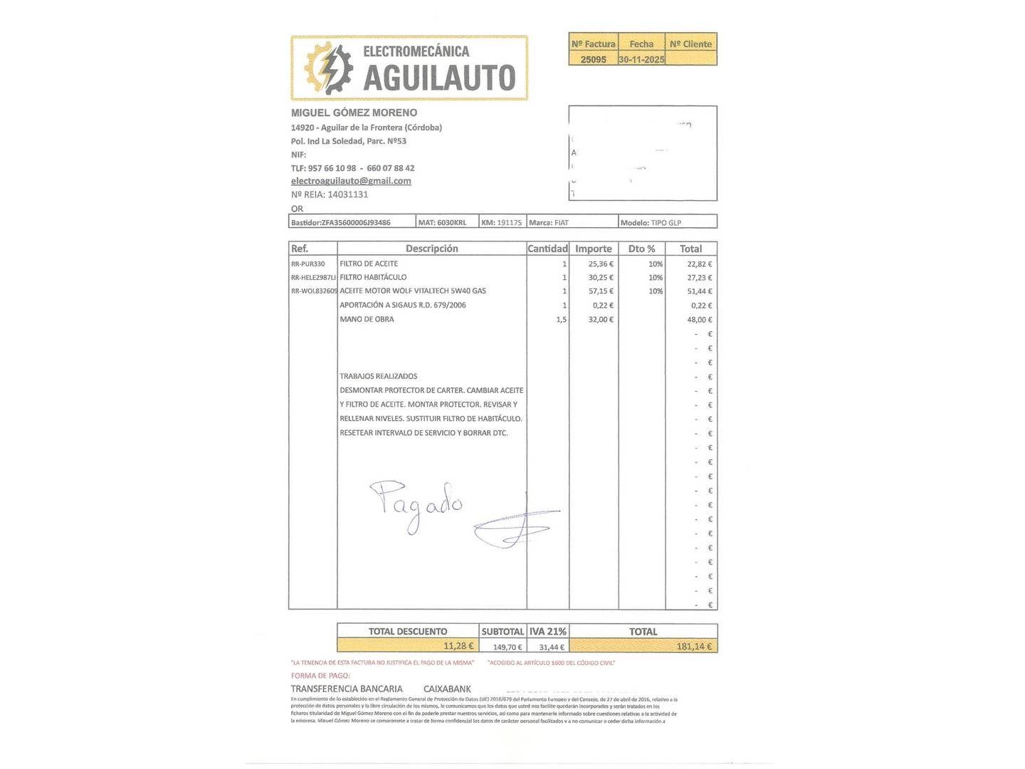 Foto del mantenimiento del Fiat Tipo Fiat Tipo 1.4 T-Jet Gasolina/GLP Easy (120 CV)