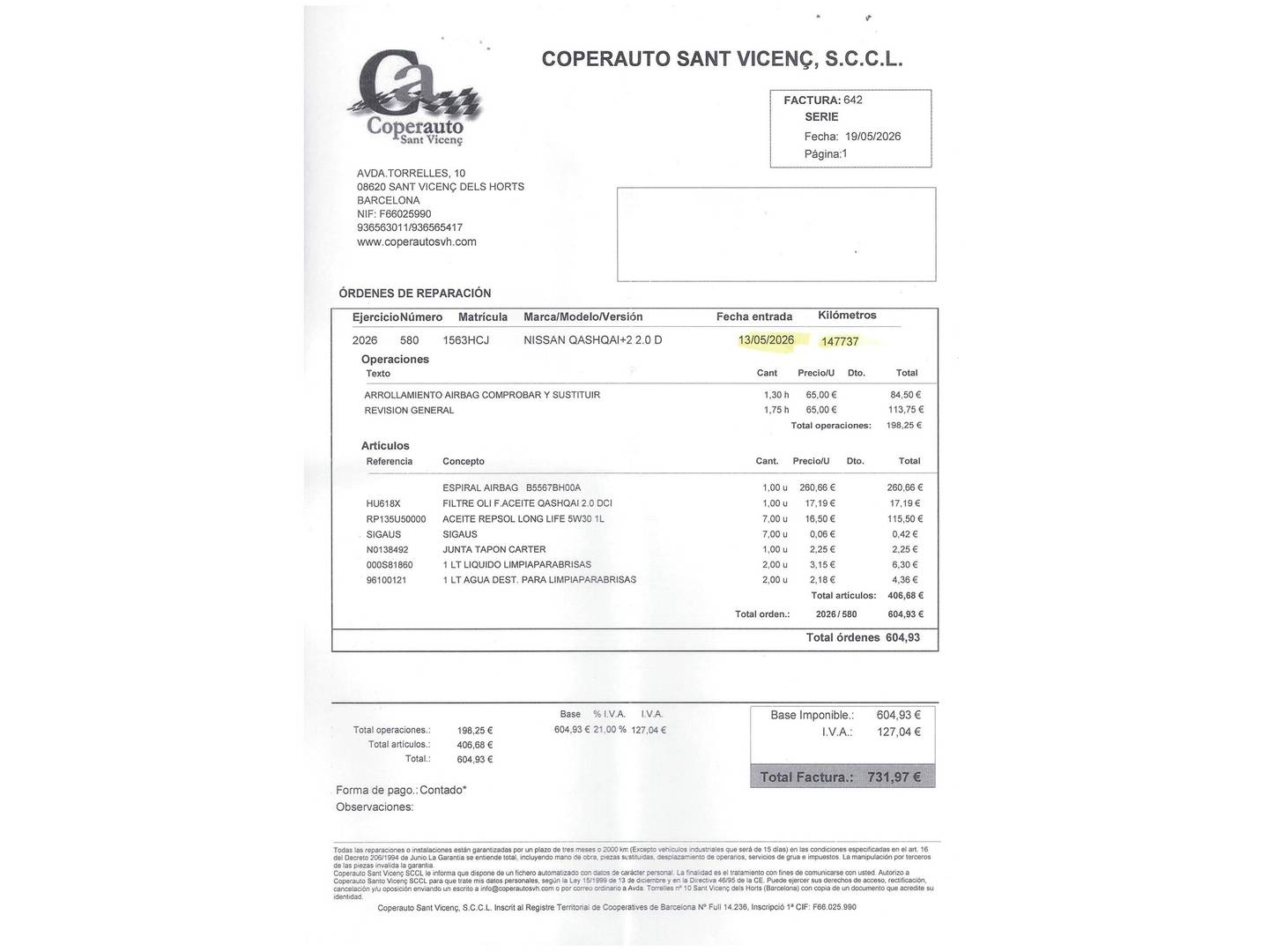Foto del mantenimiento del Nissan QASHQAI+2 Nissan Qashqai+2 2.0 dCi Tekna Premium 4x4 Piel 18`` (150 CV) 7 Plazas