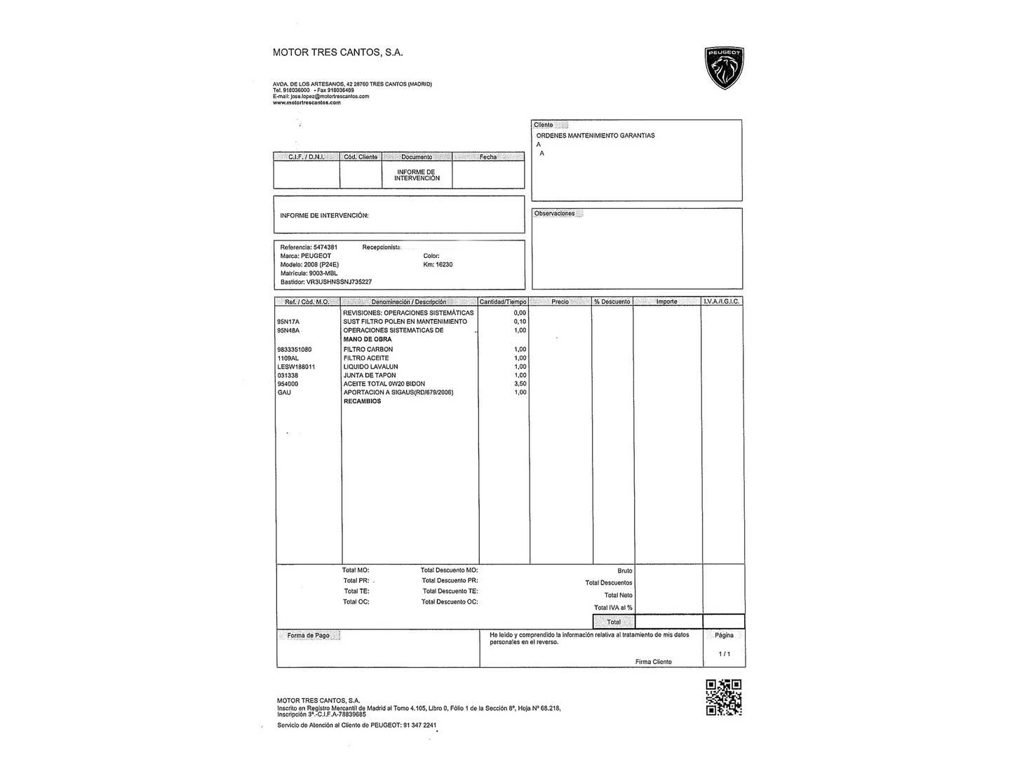 Foto del mantenimiento del Peugeot 2008 Peugeot 2008 PureTech 130 S&S Allure EAT8 (130 CV)
