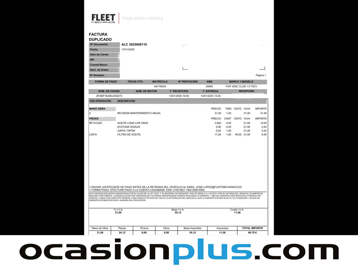 Foto del mantenimiento del Fiat 500C Fiat 500C 1.0 Hybrid Club (70 CV)