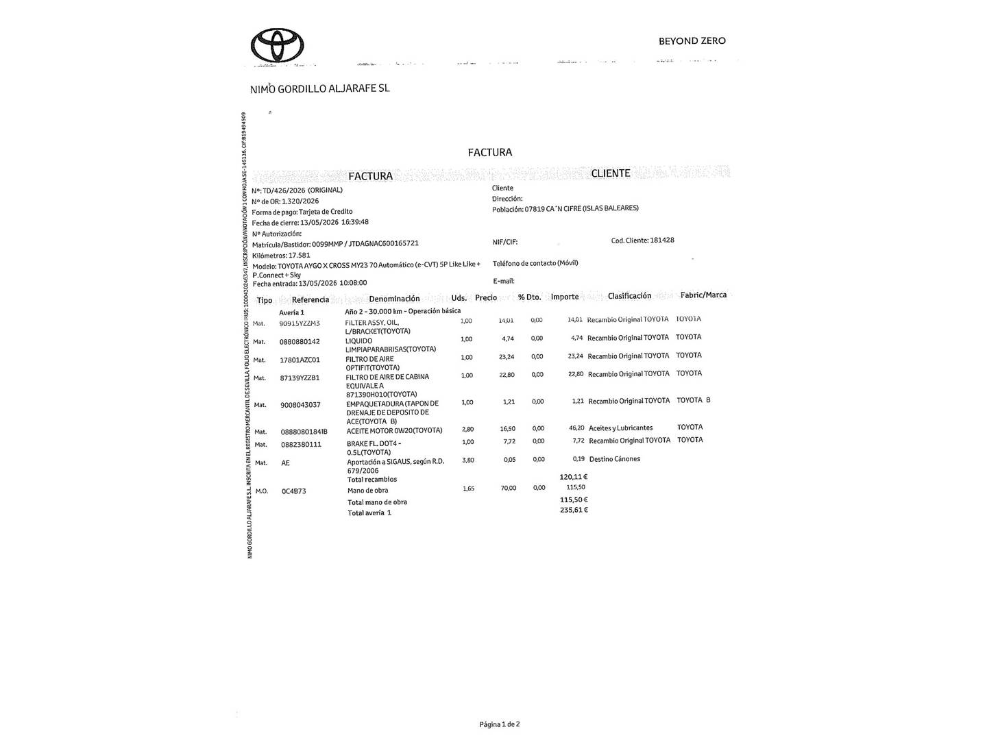 Foto del mantenimiento del Toyota Aygo X Cross Toyota Aygo X Cross 1.0 VVT-I Undercover CVT (72 CV)