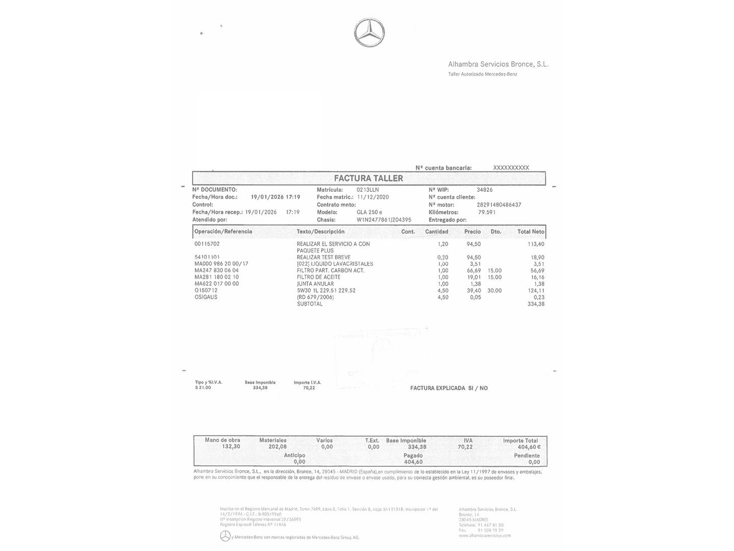 Foto del mantenimiento del Mercedes GLA Mercedes GLA 250 e (218 CV) Pack AMG